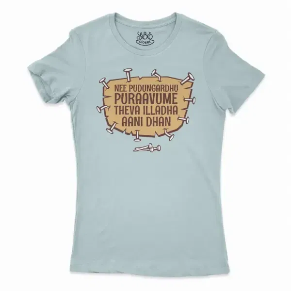 Nee Pudungurathu Puraavume Theva Illadha Aani Dhan Women’s T-Shirt In Solid Light Blue Color