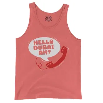 Hello Dubai Ah? Men/Unisex Tank Top in Bright Salmon Color