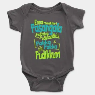 Enna Madri Pasangala Paaththa Pudikkaadhu Short Sleeve Baby Onesie in Charcoal Color