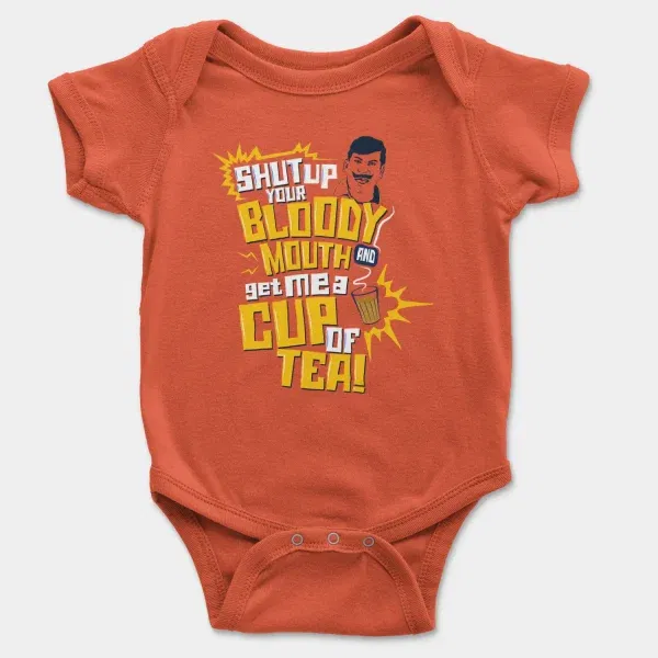 Shut Up Your Bloody Mouth Short Sleeve Baby Onesie In Orange Color