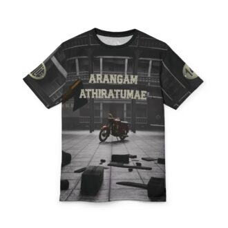 Front view of a black full-print T-shirt featuring a dramatic scene from the movie Coolie with a red vintage scooter surrounded by scattered debris, and bold text “Arangam Athiratumaae” across the chest. The sleeves show badge designs marked “Coolie” and “1421”.